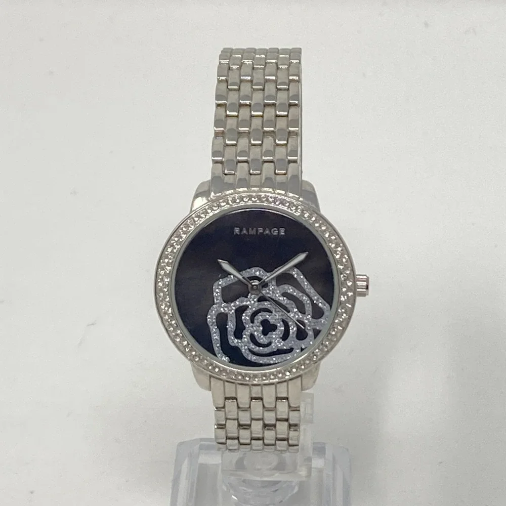 Rampage Womens Watch 36mm Floral Crystals Silver Tone Black Bling New Battery 8